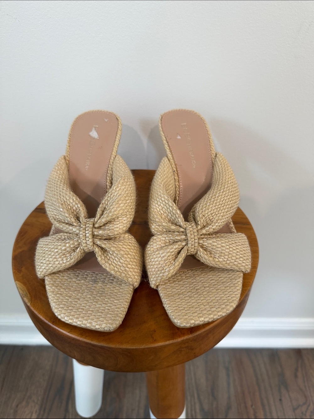 BCBGeneration Woven Bow Mules in Natural Beige